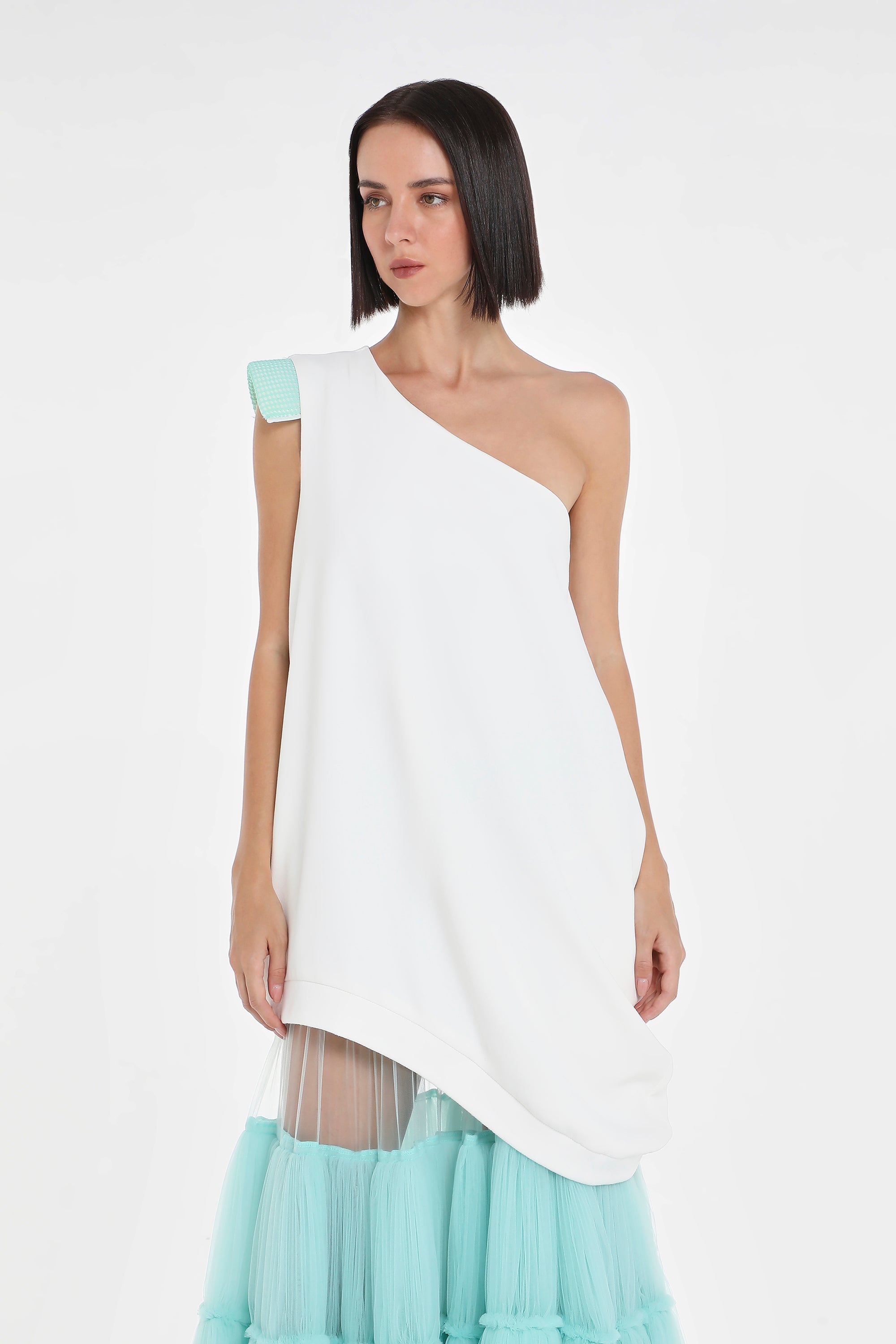 ONE SHOULDER DRESS W/ VEGAN LEATHER SHOULDER PAD