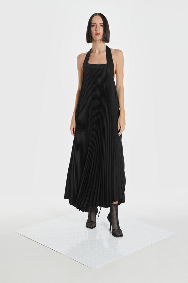 HALTER ACCENT PLEATED DRESS