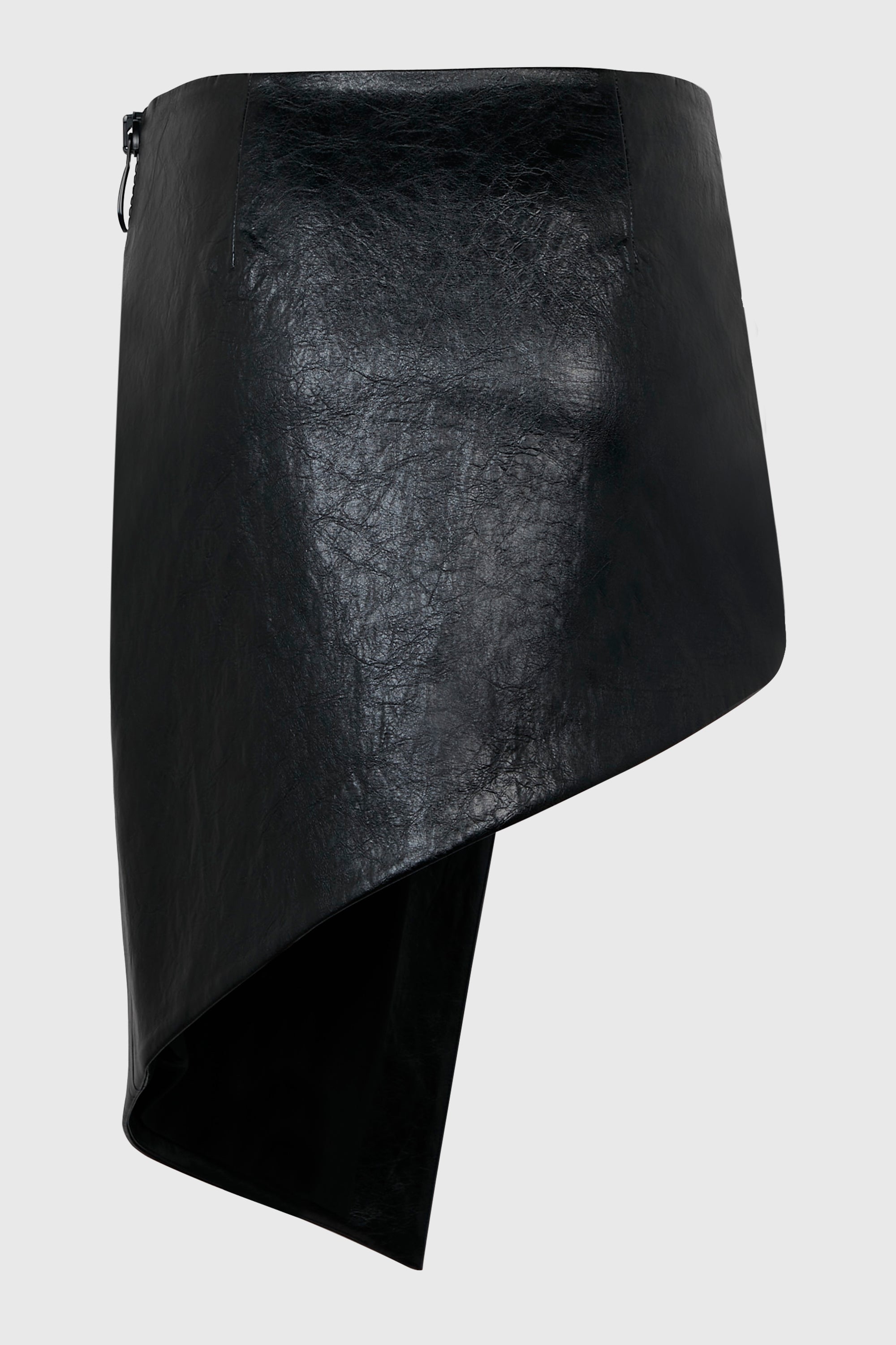 VEGAN LEATHER ASYMMETRIC WRAP SKIRT W/ CHUNKY ZIPPER