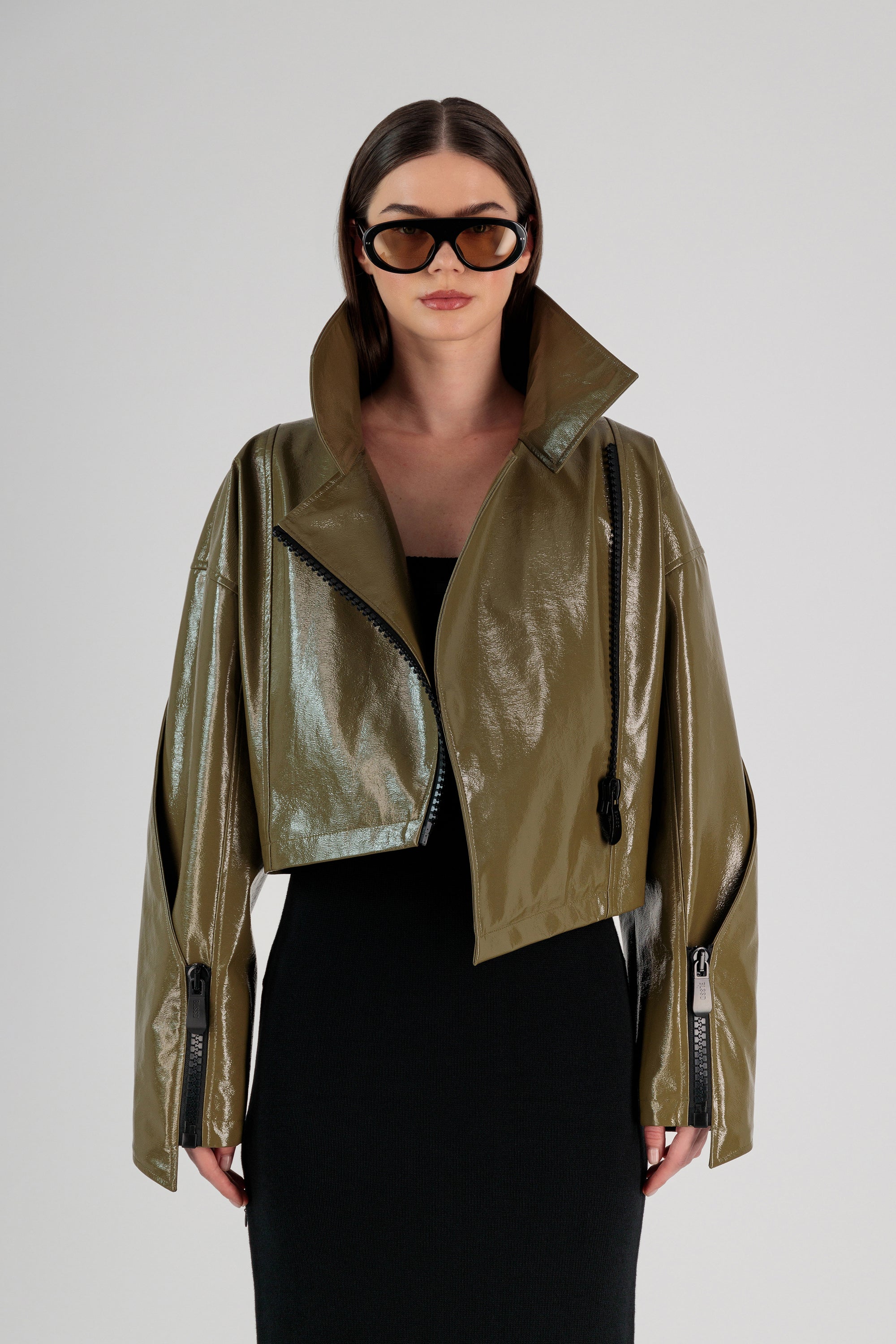 VEGAN LEATHER BIKER JACKET W/ CHUNKY ZIPPERS
