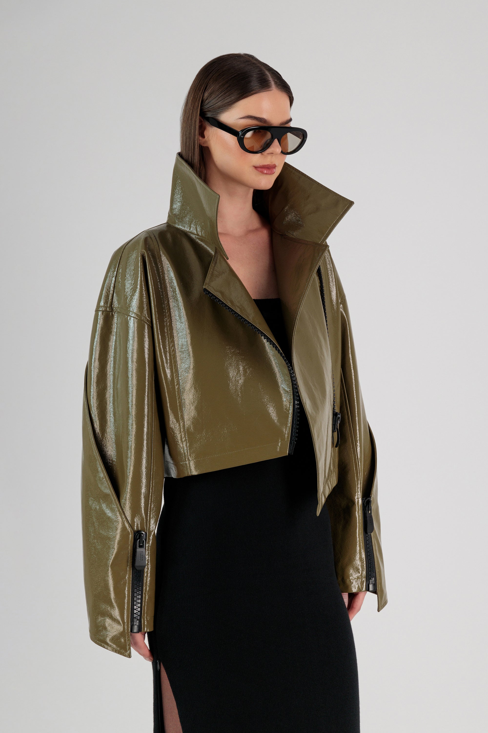 VEGAN LEATHER BIKER JACKET W/ CHUNKY ZIPPERS