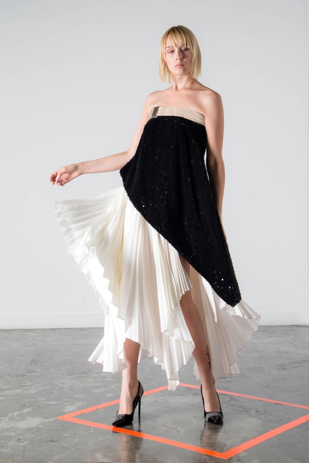 ASYMMETRIC SEQUIN STRAPLESS TOP